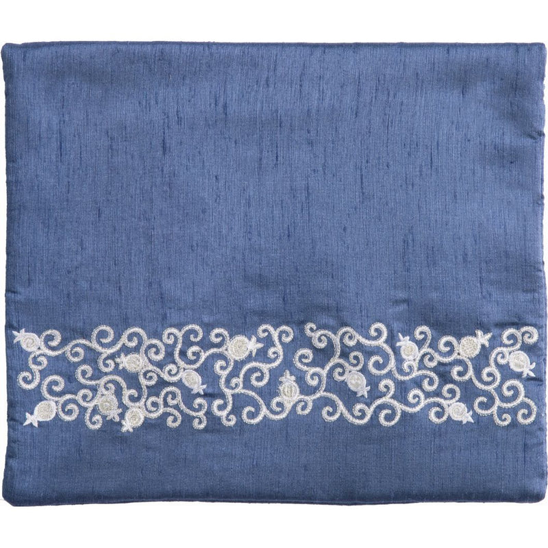 Blue Tefillin Tallit Bag 11"x 9" Silver Pomegranate Embroidery Made in Israel by Emanuel