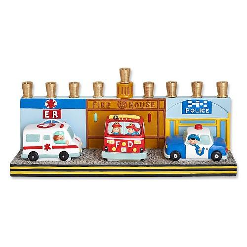 Children's Chanukah Menorah First Responders Colorful Resin Design