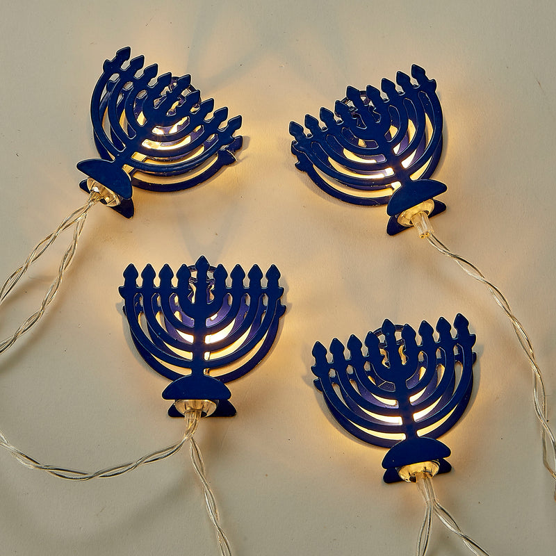 Battery Operated Blue Metal Menorahs Light Set