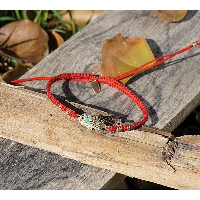 Barbari Handmade 18K Gold Plated Hamsa Red Macrame Bracelet Jewelry From Migdal Haemek, Israel