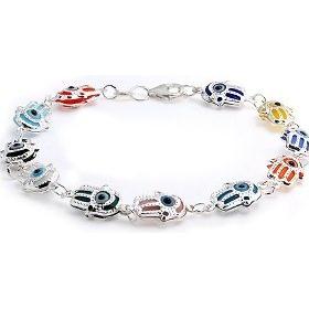925 Sterling Silver Multi Color Evil Eye Hamsa Charm Bracelet 7.5 Inch