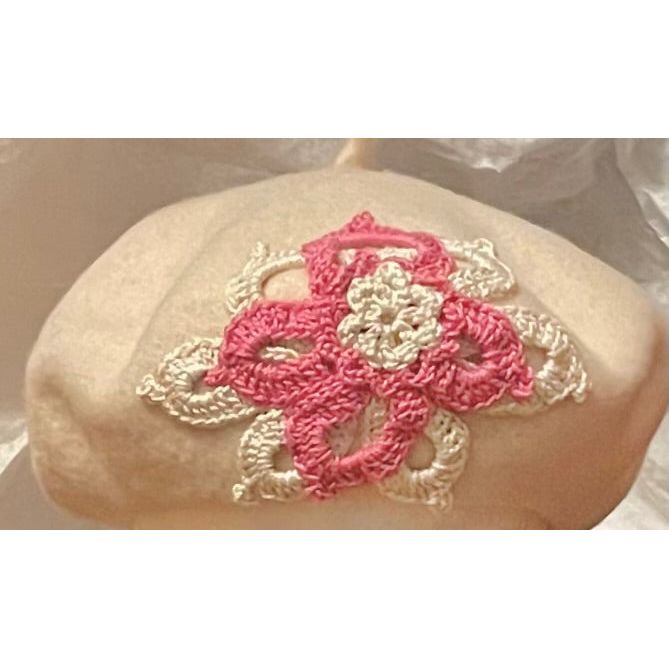 Designer Women's Wool Mix Beret "Spring Flowers" Embellished with Custom Hand Made Crochet
