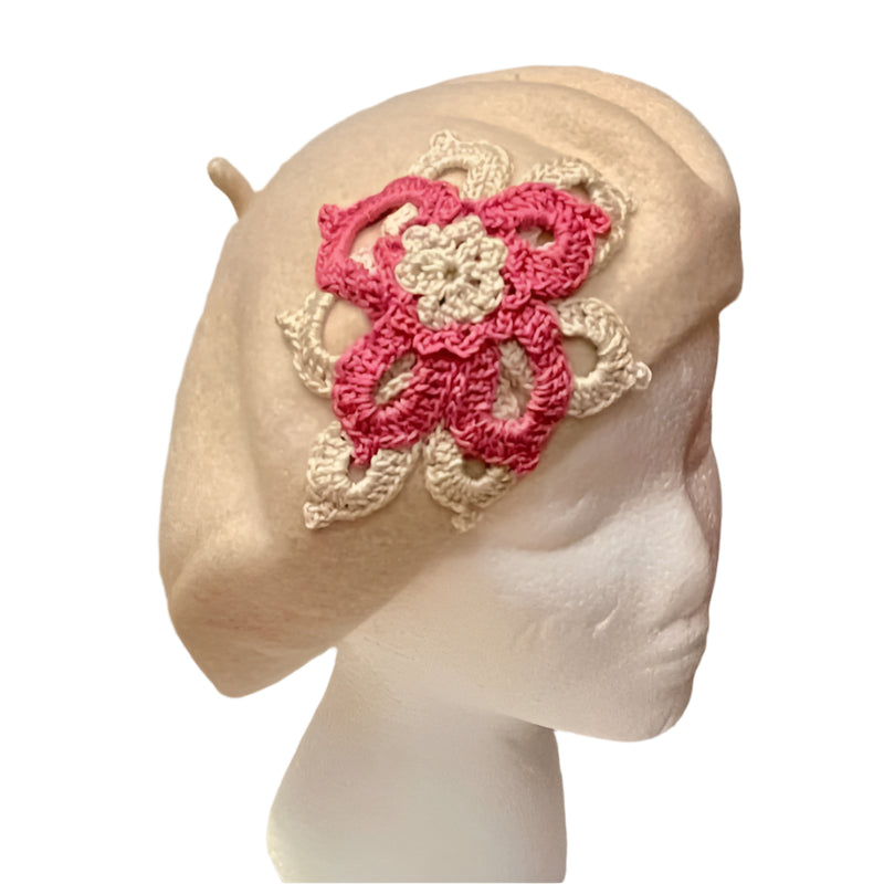 Designer Women's Wool Mix Beret "Spring Flowers" Embellished with Custom Hand Made Crochet