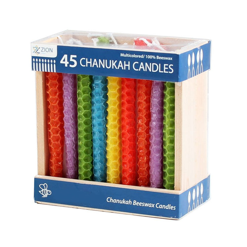 Chanukah Candles - Honeycomb Beeswax Multicolor Or Honey Beige in Wooden Crate Package