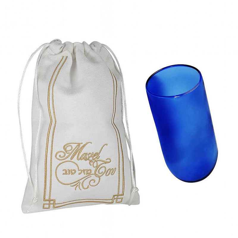 Mazel Tov ! Wedding Chuppah Breaking Glass Cup in Gold Embroidered White Velvet Bag