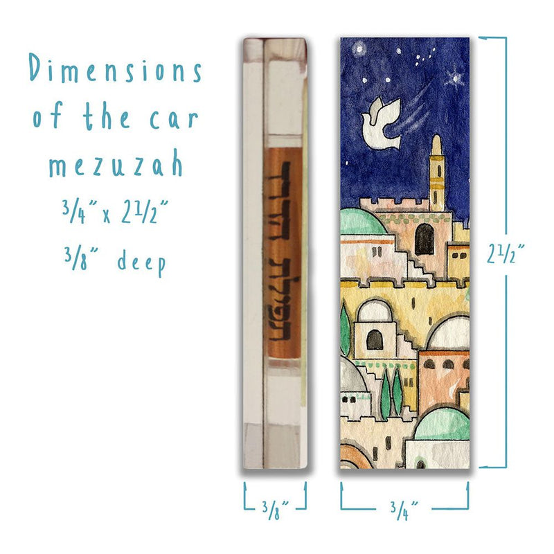 Jerusalem at Night Judaic Acrylic Car Mezuzah by Mickie Caspi 0.75" x 2.5"