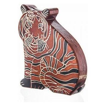 Colorful  Tooled Leather Tzedakah Box Tiger Hand Crafted by CASHBAH