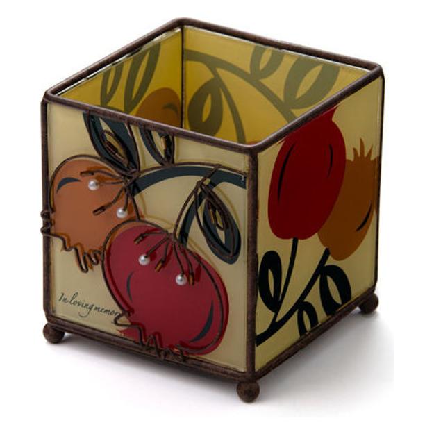 Silk on Glass Memorial Candleholder Seven Species Pomegranate An original design by Barbara Matzner