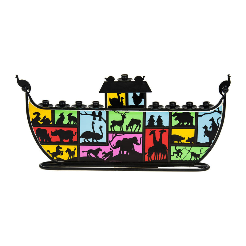 Two by Two Noach`s Arch Chanukah Colored Glass & Metal Menorah Chanukia Hand made