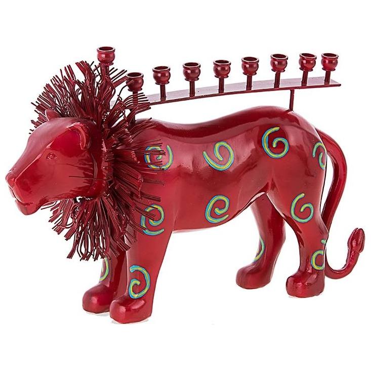 Chanukah Colored Metal Menorah "Red Lion" 11" x 5.5"Hand Made