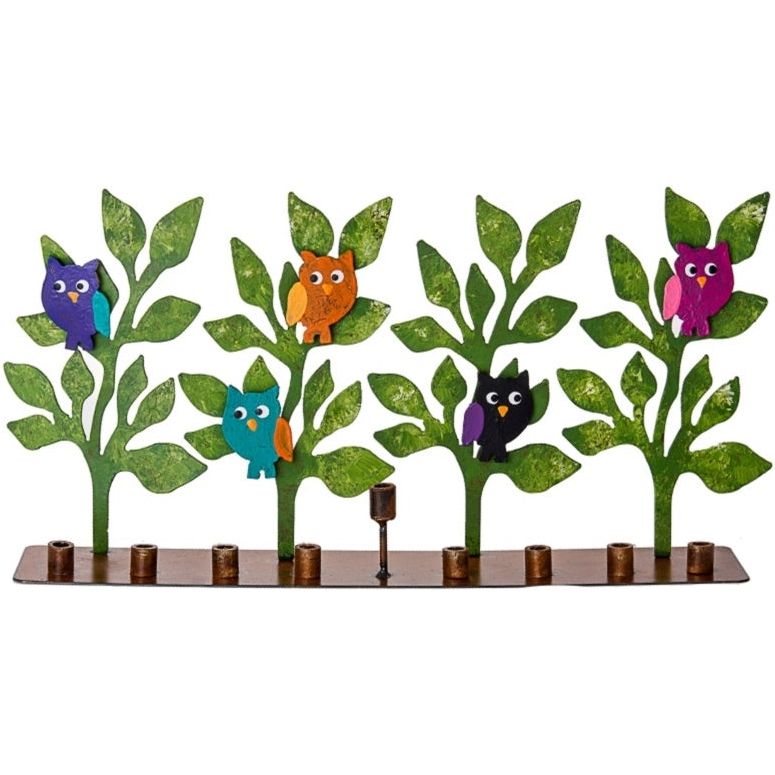 Artistic Metal Chanukah Menorah "Colorful Owls" 15" x 3" x 8" NEW 2019