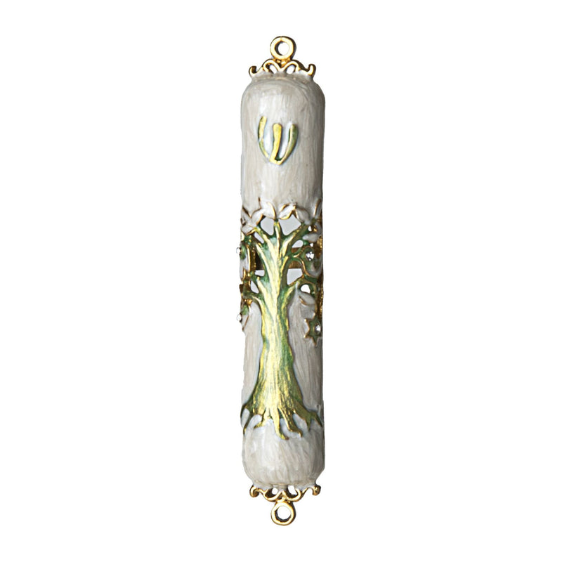 White Enamel Tree of Life Gold Steams Mezuzah 5" Kosher $50 Parchment included