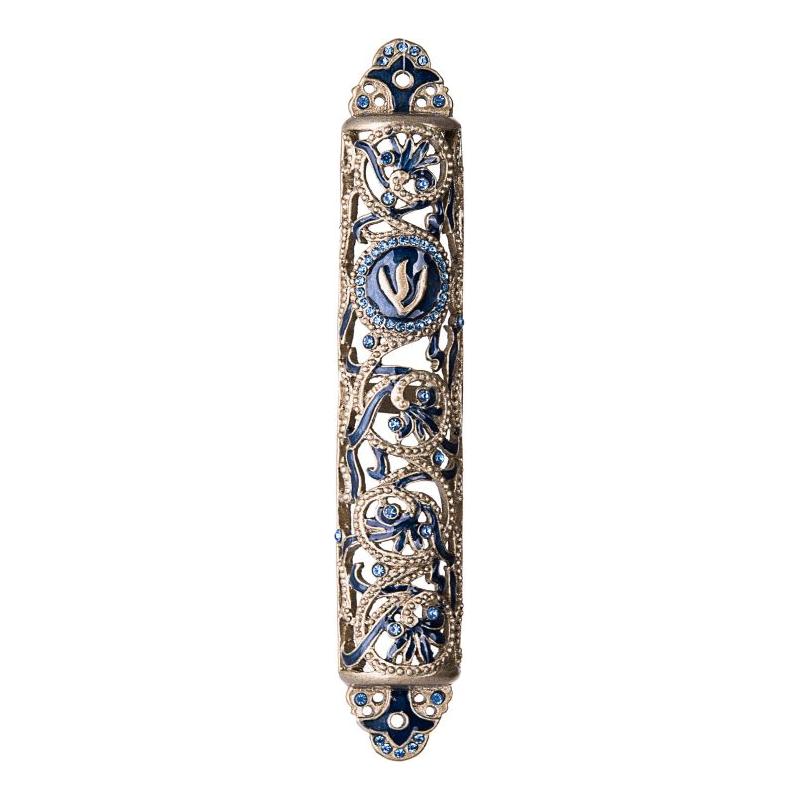 Gem Jeweled Royal Blue Mezuzah Swarovski Crystals Kosher Parchment included