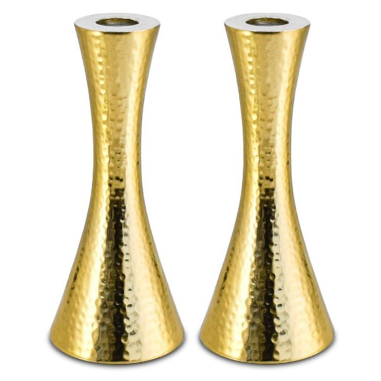 Modern Hammered Gold Tone Finish Shabbat Candlesticks 7" Candleholders Set of 2