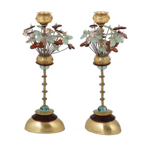 Butterflies in Green & Brown Shabbat Candlesticks Designer Candleholders 14.5" by Emanuel