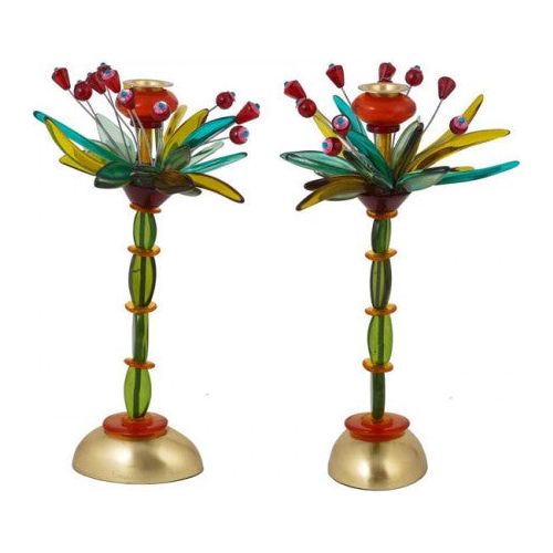 Fountain in Red & Blue Shabbat Candlesticks Designer Candleholder 14" Made in Israel By Emanuel