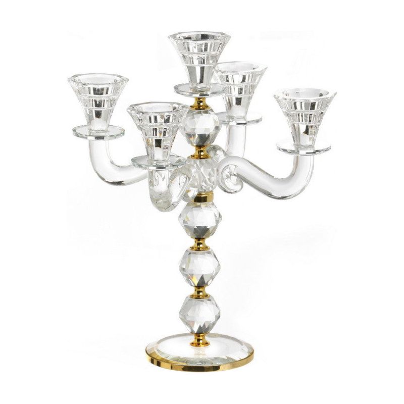 5 Branch Crystal Candelabra Shabbat Candleholder with Golden Rings 12"H