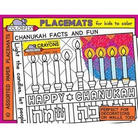 Colorpix CHANUKAH FACTS AND FUN Placemats for Kids to color Set of 10
