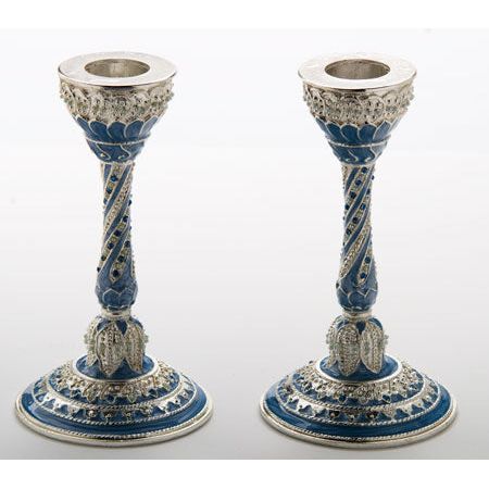 Jeweled Blue Enamel & Chrystals Shabbat Candlesticks Capri Set of 2 5" tall