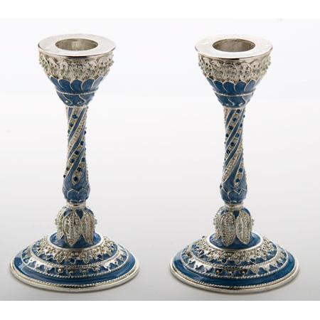 Jeweled Blue Enamel & Chrystals Shabbat Candlesticks Capri Set of 2 5" tall