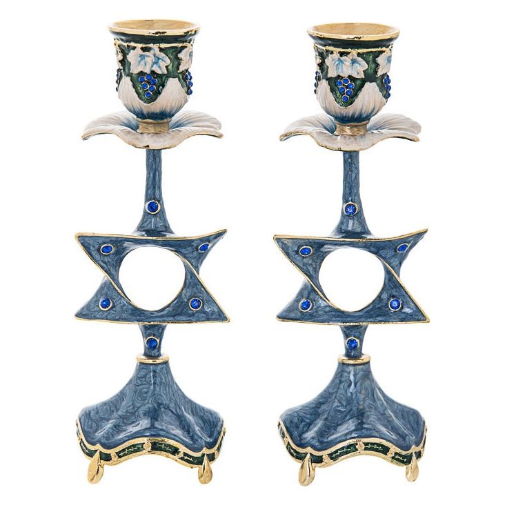 Jeweled Blue Shabbat Candlesticks "Star of David" 8.5"