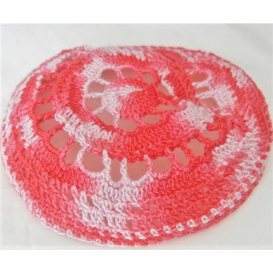 Ladies Crochet Knit Lace Kippah Knit Hair Covering for Women in Rose Pink Melange Custom Hand Made