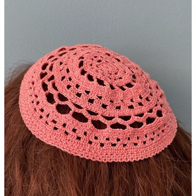 Pink Ladies Fine Crochet Knit Lace Kippah Hair Covering for Women 7.5" Custom Made in USA