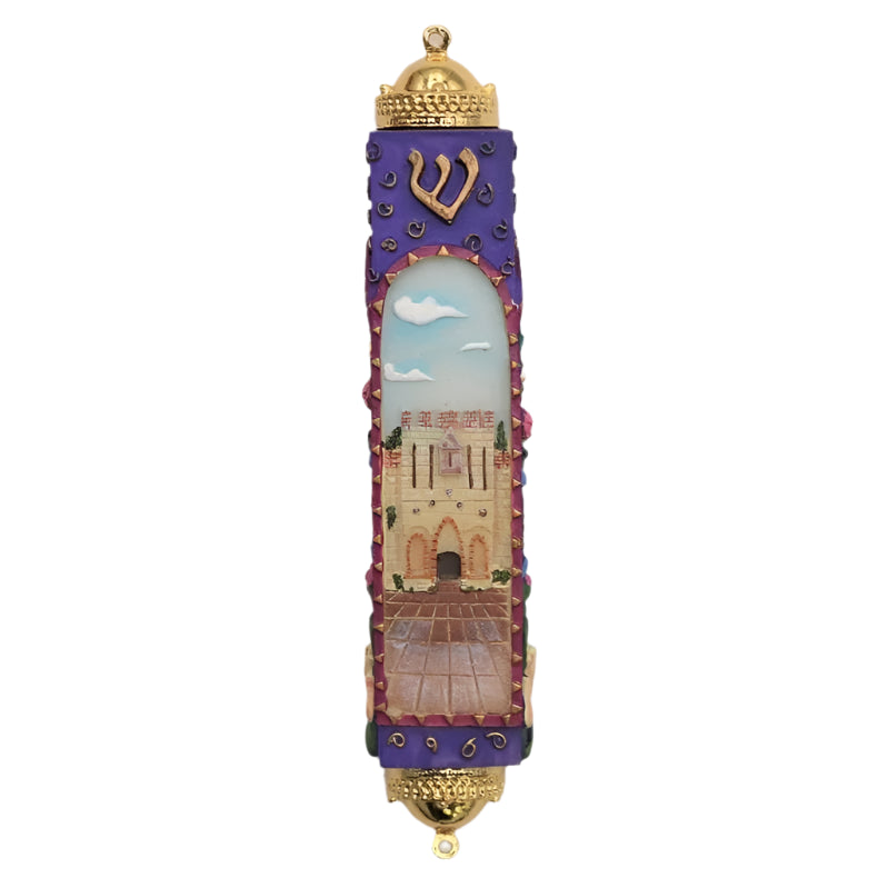Jerusalem Gate Purple Floral Hand Painted Mezuzah 5" By Reuven Masel Kosher Parchment included