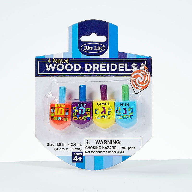 The Dreidel Game - 4 Small Painted Wood Dreidels Now with Spin Grip™!