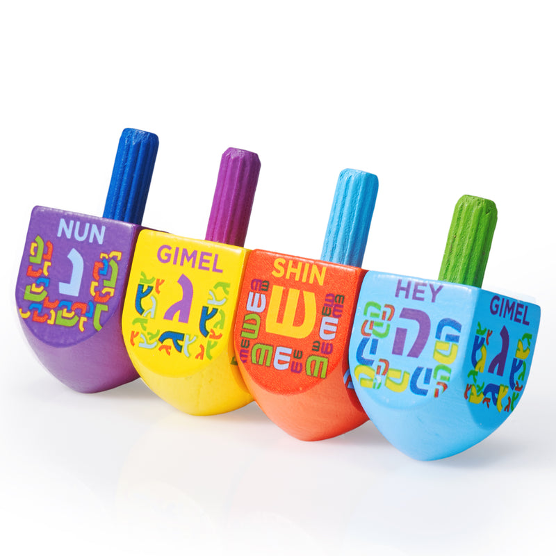 The Dreidel Game - 4 Small Painted Wood Dreidels Now with Spin Grip™!