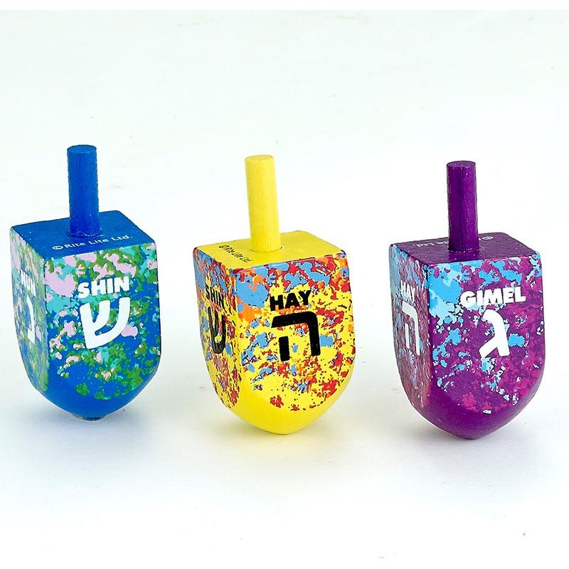 Multicolor Large Splash Wood Dreidels Set of 3 in a Plastic Box Ages 3+