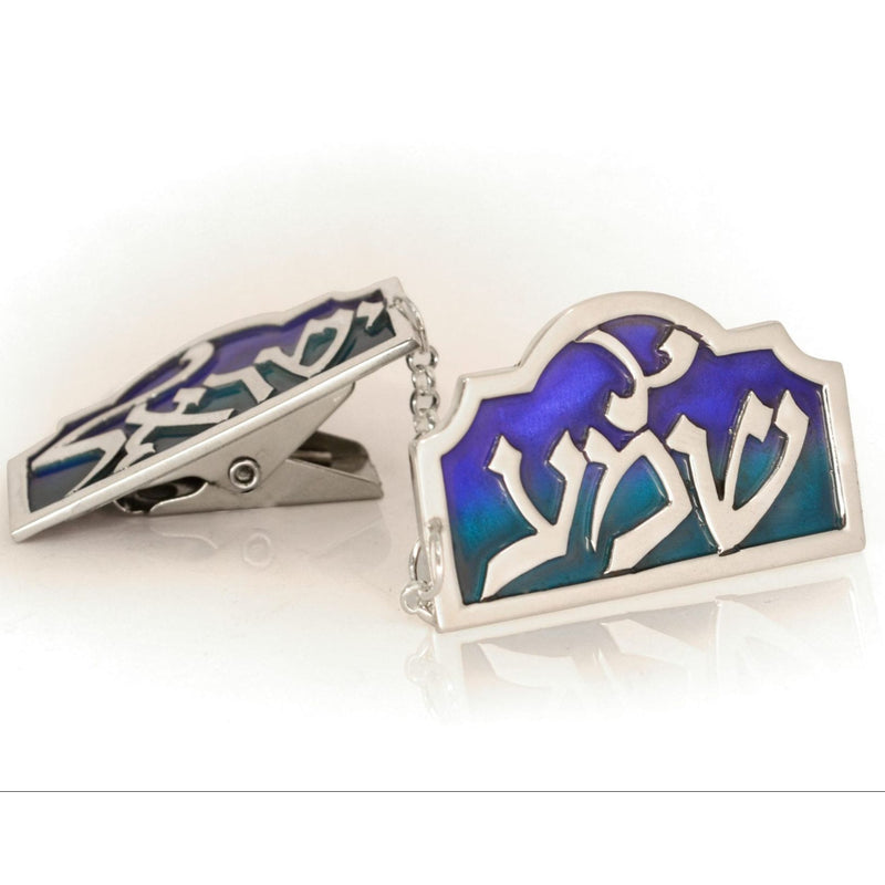Malkiel Shema Yisrael Enamel / 925 Sterling Silver Tallit Clip Set Hand Made in Israel by Nadav