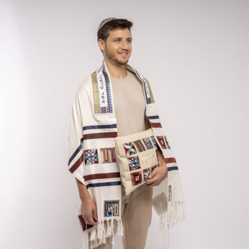 Designer Tallit SquaresMulticolor Full Embroidery 20"x 75" Tallis Set of 3 By Emanuel Judaica