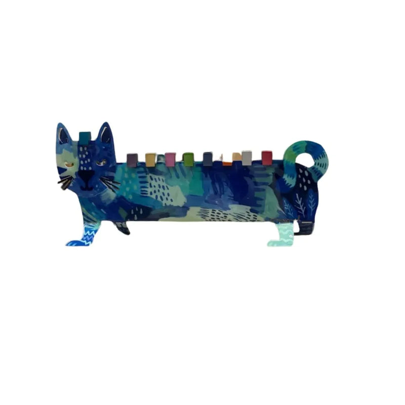 Designer Painted Metal Chanukah Menorah - Whimsical Multicolor Cat by Emanuel
