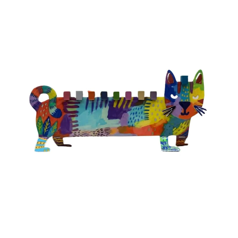 Designer Painted Metal Chanukah Menorah - Whimsical Multicolor Cat by Emanuel