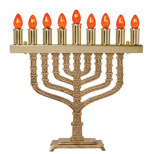 Electric Solid Brass Traditional Menorah with Red Bulbs Made in Israel