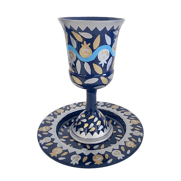 Hand Painted Kiddush Cup Goblet & Tray Blue Pomegranate Design by Emanuel, Israel