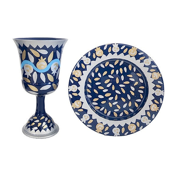 Hand Painted Kiddush Cup Goblet & Tray Blue Pomegranate Design by Emanuel, Israel
