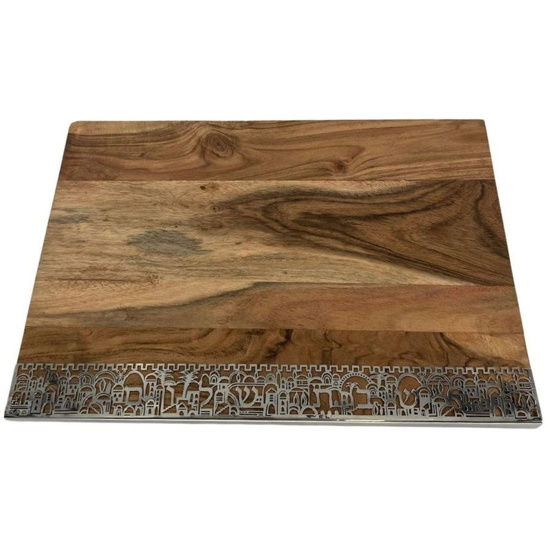Wooden Challah Board Jerusalem Metal Lace on Bottom By Yair Emanuel