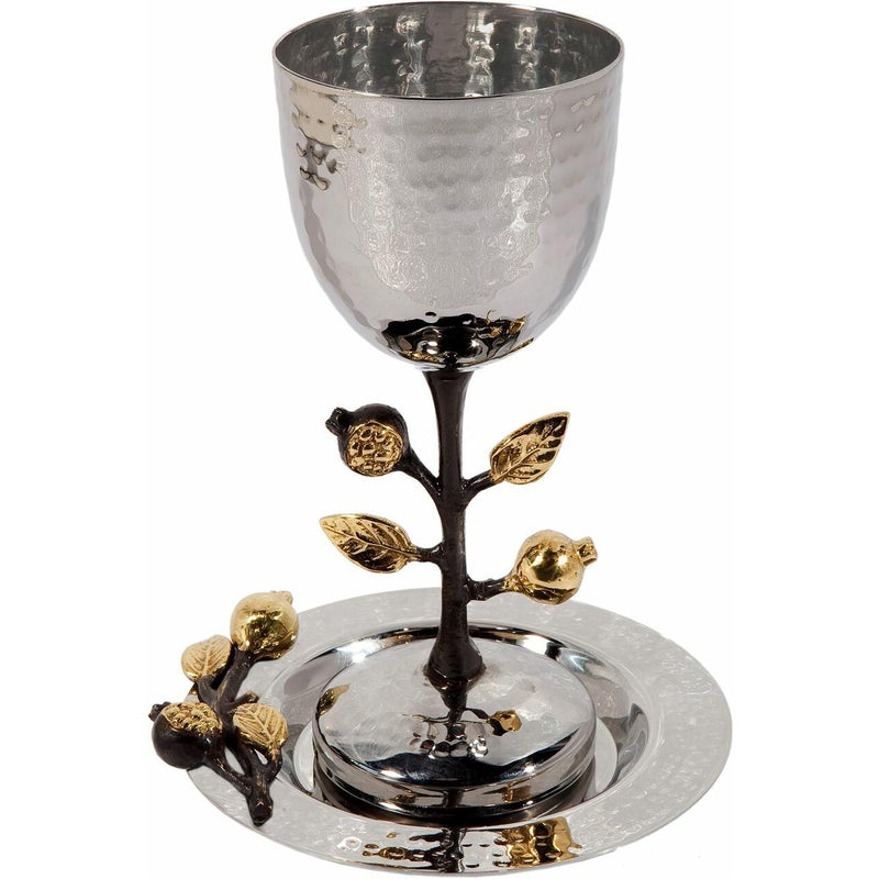 Pomegranate Branch Hammered Toll Kiddush Cup Goblet and Tray Designed by Yair Emanuel
