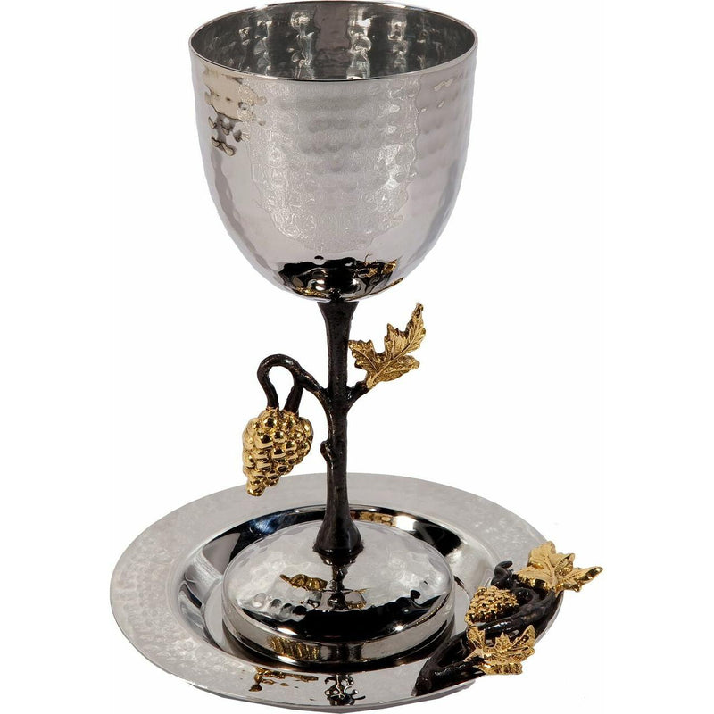 Grape Branch Tall Hammered Kiddush Cup Goblet with Tray by Yair Emanuel