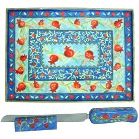 Pomegranates Hand painted Wooden Challah Board / Knife By Yair Emanuel