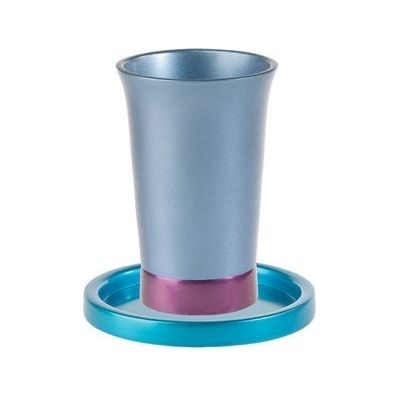 Anodized Aluminum Kiddush Cup and Saucer Blue / Maroon
