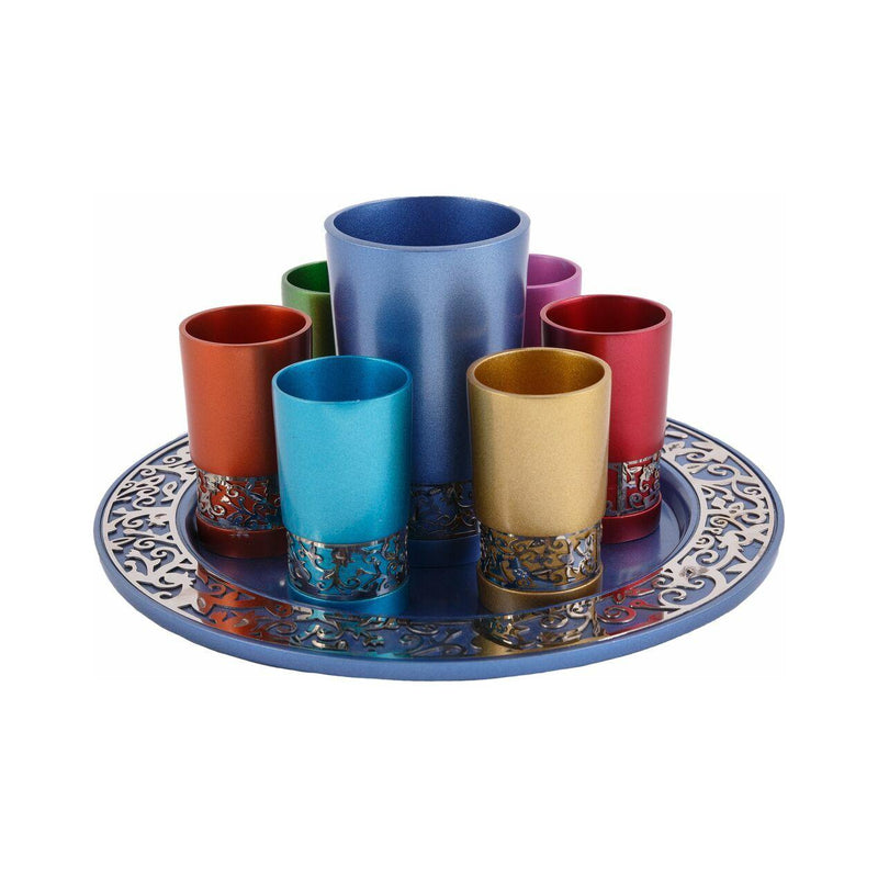 Emanuel Anodized Kiddush Set Metal Lace Cutout Multicolor