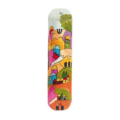 Children's Hand Painted Small Wooden Mezuzah Jerusalem Vistas Kosher parchment included