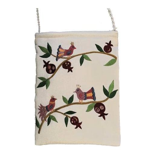 Pomegranates & White Birds Embroidered Zipped Shabbat Bag 6.3" x 8.3" by Yair Emanuel