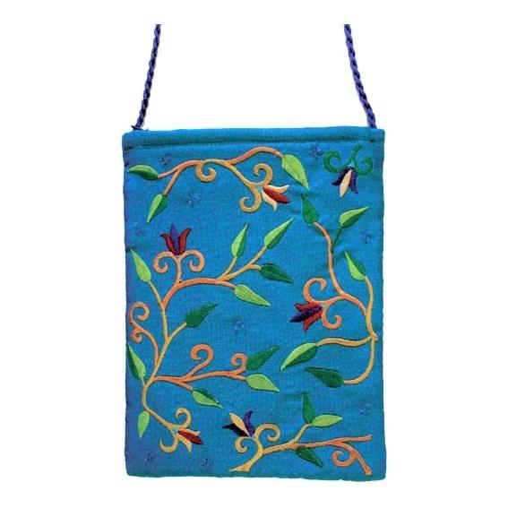 Floral Design Embroidered Shabbos Bag in Turquoise Silk 8.3" x 6.3" By Yair Emanuel