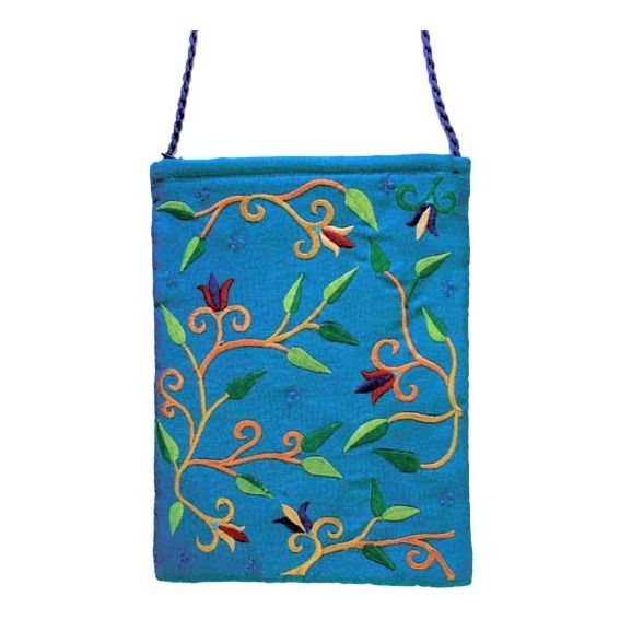 Floral Design Embroidered Shabbos Bag in Turquoise Silk 8.3" x 6.3" By Yair Emanuel