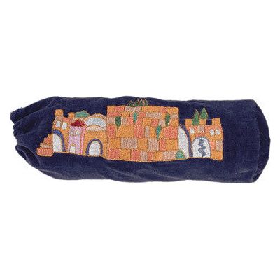 Embroidery Velvet Shofar Bag Jerusalem Navy Made in Israel By Emanuel