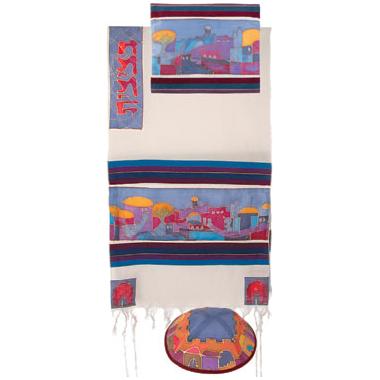 Jerusalem  Dove Color Silk Paint Tallit / Tallis Set of 4 By Emanuel